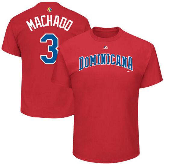 Dominican Republic Baseball 3 Manny Machado Majestic 2017 World Baseball Classic Name & Number T-Shirt Red